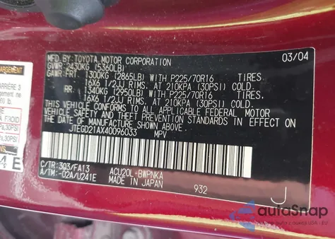 2004 Toyota Highlander from USA, damaged, VIN JTEGD21AX40096033